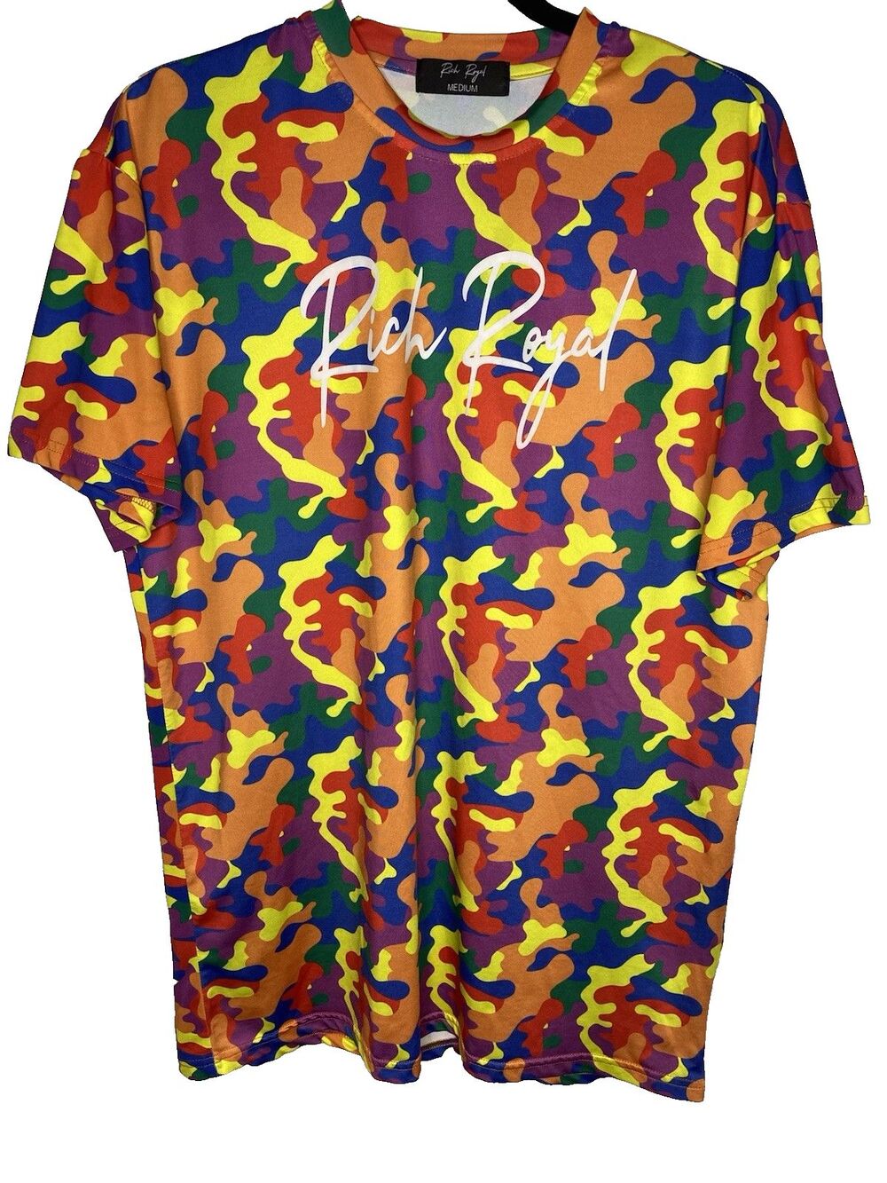 RICH ROYAL T-Shirt Camo Vinyl Logo Short Sleeve Pullover Bright Mens M Rainbow